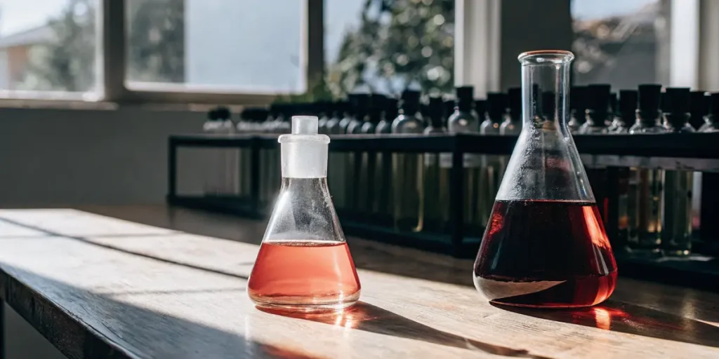 Cannabis extract liquids in laboratory flasks showing color differences from light to dark.