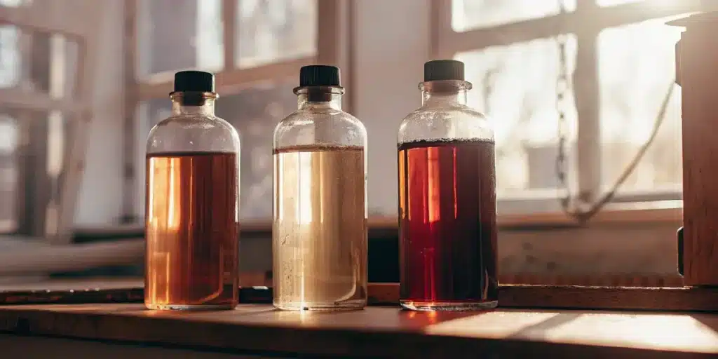 Three glass bottles with cannabis extract oils in different colors under natural sunlight.