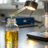 Cannabis extract oil laboratory dropper dripping golden liquid into a glass vial during analysis process.