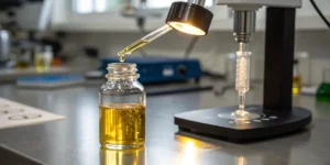 Cannabis extract oil laboratory dropper dripping golden liquid into a glass vial during analysis process.
