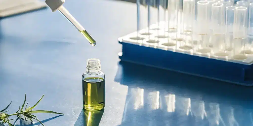 Cannabis extract pipette dropping green oil into glass vial in laboratory setting.