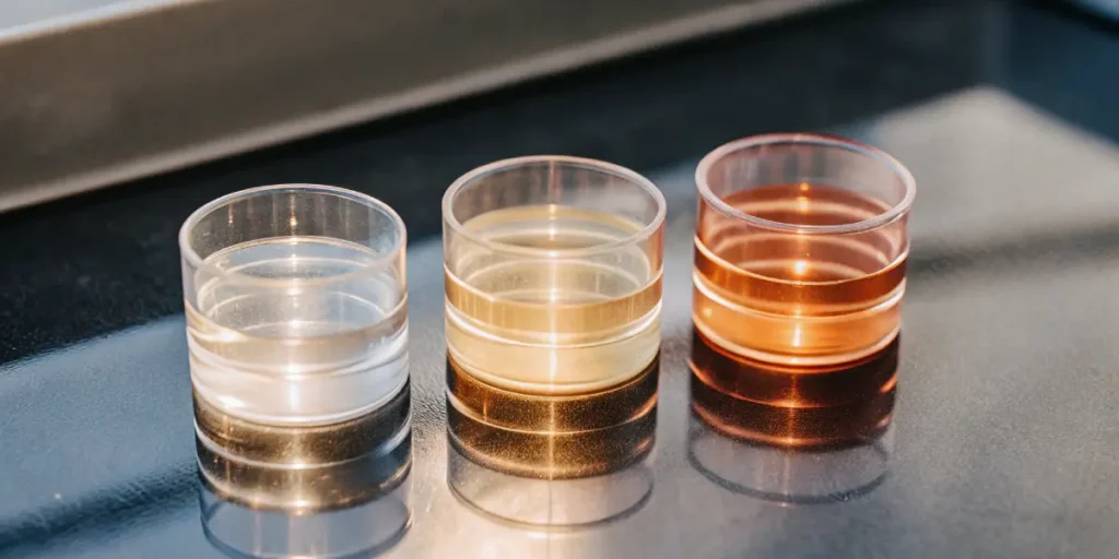 Cannabis extract samples showing color variation from clear to amber in lab containers.