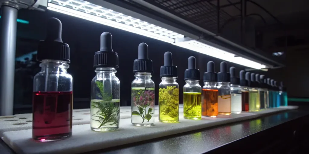 Cannabis extract vials laboratory display with multiple dropper bottles containing different colored infused liquids.