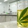 Cannabis extraction beaker laboratory oil with leaf inside liquid during scientific analysis process.