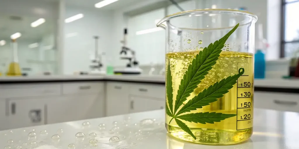 Cannabis extraction beaker laboratory oil with leaf inside liquid during scientific analysis process.