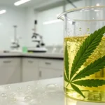Cannabis extraction beaker laboratory oil with leaf inside liquid during scientific analysis process.