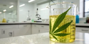 Cannabis extraction beaker laboratory oil with leaf inside liquid during scientific analysis process.