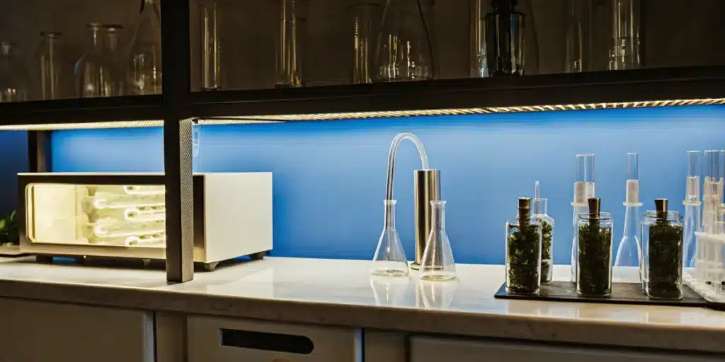 Cannabis extraction lab setup with glassware, equipment and plant samples on workbench.