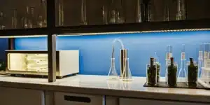 Cannabis extraction lab setup with glassware, equipment and plant samples on workbench.
