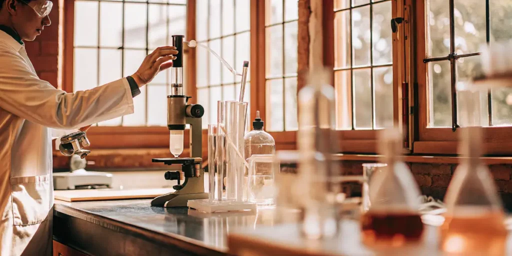 Scientist performing cannabis extraction using distillation equipment in a laboratory.
