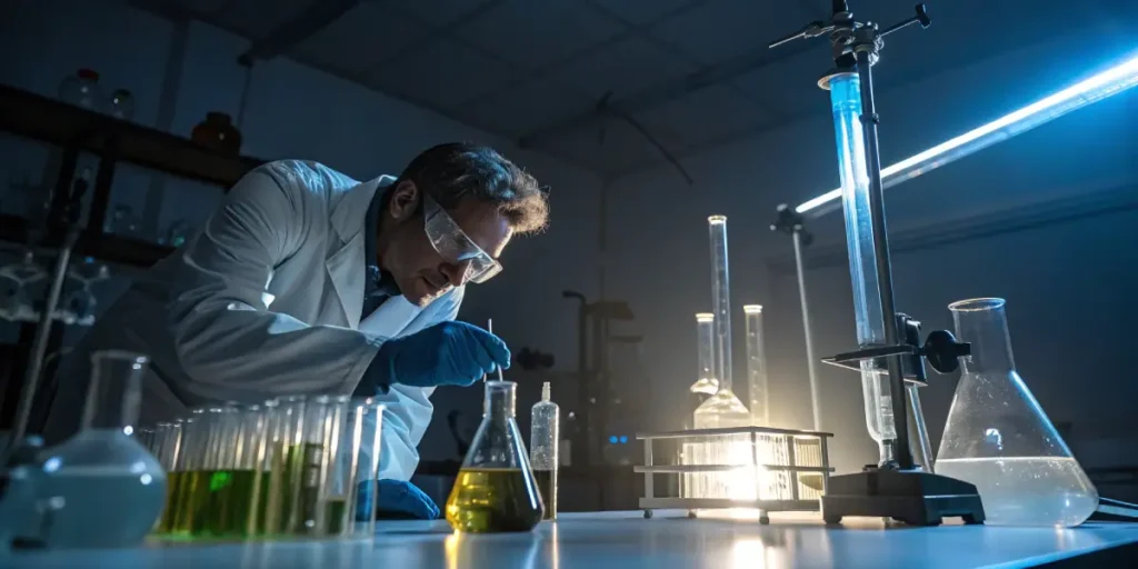 Cannabis extraction laboratory scientist analysis working with glassware and liquid samples in a modern lab.