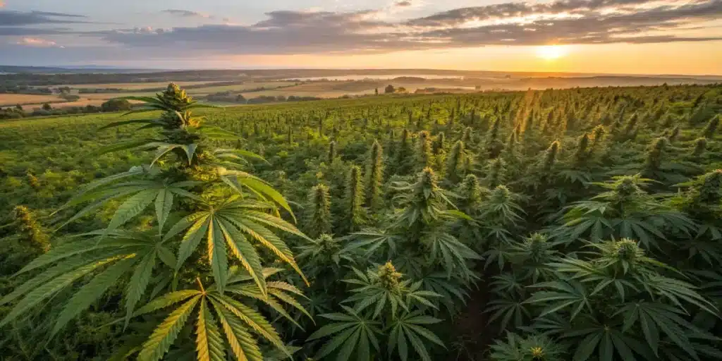 Cannabis field sunset outdoor grow with a large-scale plantation of cannabis plants under warm evening light.
