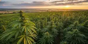 Cannabis field sunset outdoor grow with a large-scale plantation of cannabis plants under warm evening light.