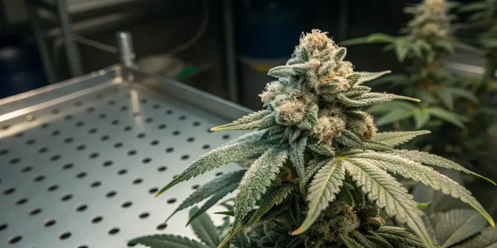 Cannabis flower trichomes indoor grow showing a frosty bud with dense resin under controlled lighting conditions.
