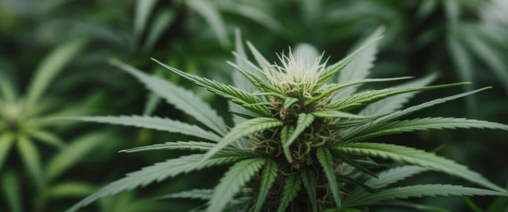 Young cannabis cola in greenhouse with fresh pistils and vibrant leaves.