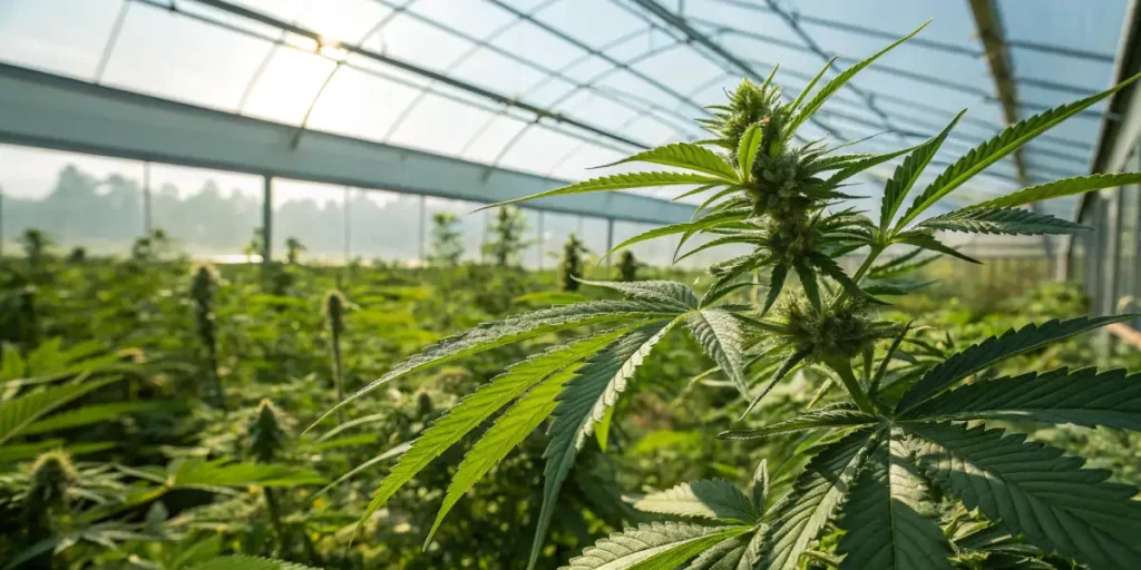 Cannabis flowering greenhouse indoor light with a close up of a developing cannabis bud surrounded by green leaves.