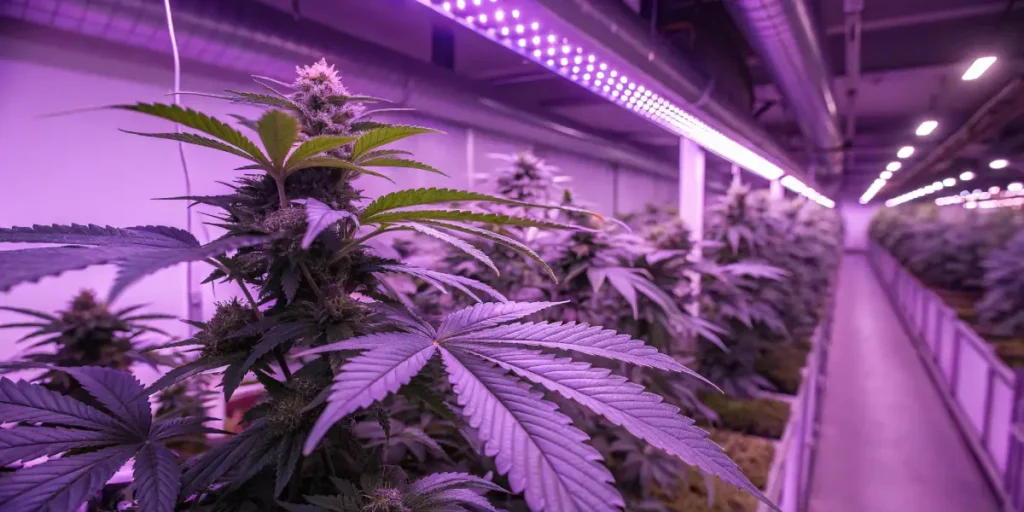 Cannabis flowering room LED grow lights illuminating dense plants in a professional indoor cultivation facility.