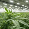 Cannabis flowering stage indoor grow room with healthy green cannabis buds and large-scale cultivation under ceiling lights.