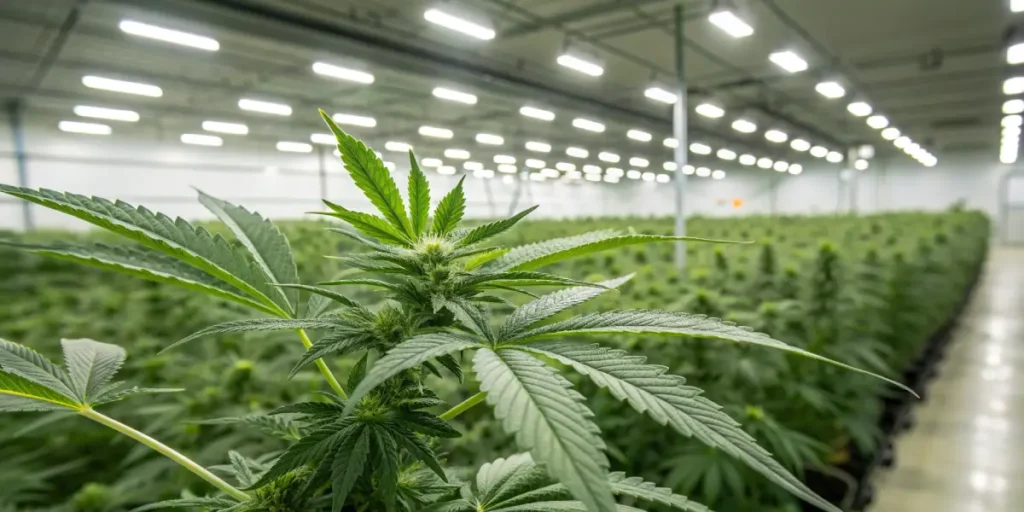 Cannabis flowering stage indoor grow room with healthy green cannabis buds and large-scale cultivation under ceiling lights.