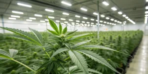 Cannabis flowering stage indoor grow room with healthy green cannabis buds and large-scale cultivation under ceiling lights.