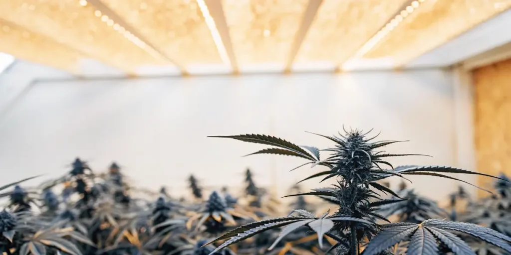 Cannabis plants in flowering stage under modern LED grow lights indoors
