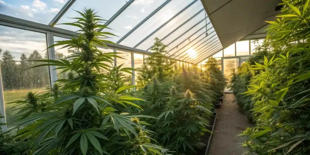 Cannabis greenhouse large scale cultivation with rows of plants growing under natural sunlight.