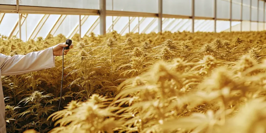 Scientist monitoring cannabis plants in greenhouse using measurement device.