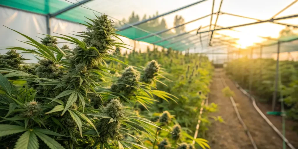 Cannabis greenhouse row flowering stage with multiple plants developing buds along organized rows under filtered sunlight.