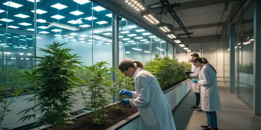 Scientists monitoring cannabis plants in a modern greenhouse with LED lighting.