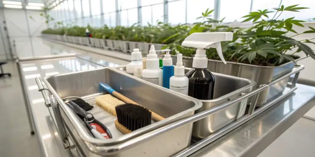 Cannabis grow room cleaning supplies in stainless steel tray with brushes and spray bottles in a bright cultivation facility.