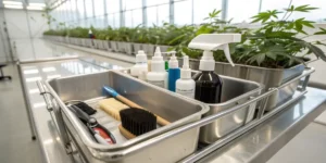 Cannabis grow room cleaning supplies in stainless steel tray with brushes and spray bottles in a bright cultivation facility.