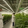 Cannabis grow room quality control inspection with technicians monitoring plants in a large indoor facility.