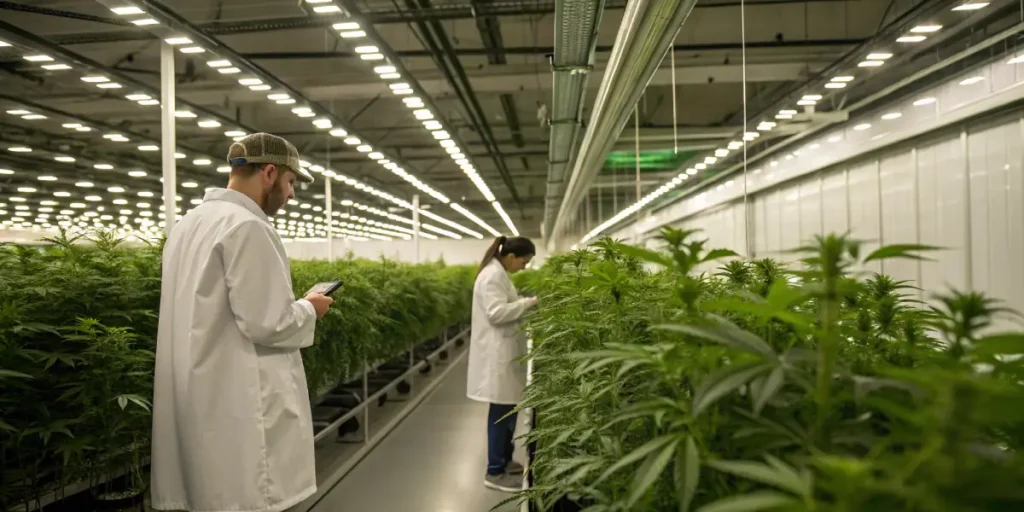 Cannabis grow room quality control inspection with technicians monitoring plants in a large indoor facility.