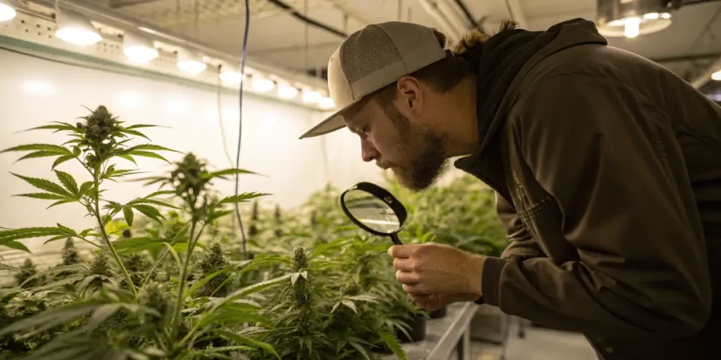 Cannabis grower inspecting plants indoor using a magnifying glass to check plant health in a grow room.