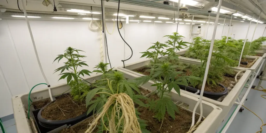 Cannabis hydroponic grow room roots showing plants with exposed root systems in a controlled indoor environment.