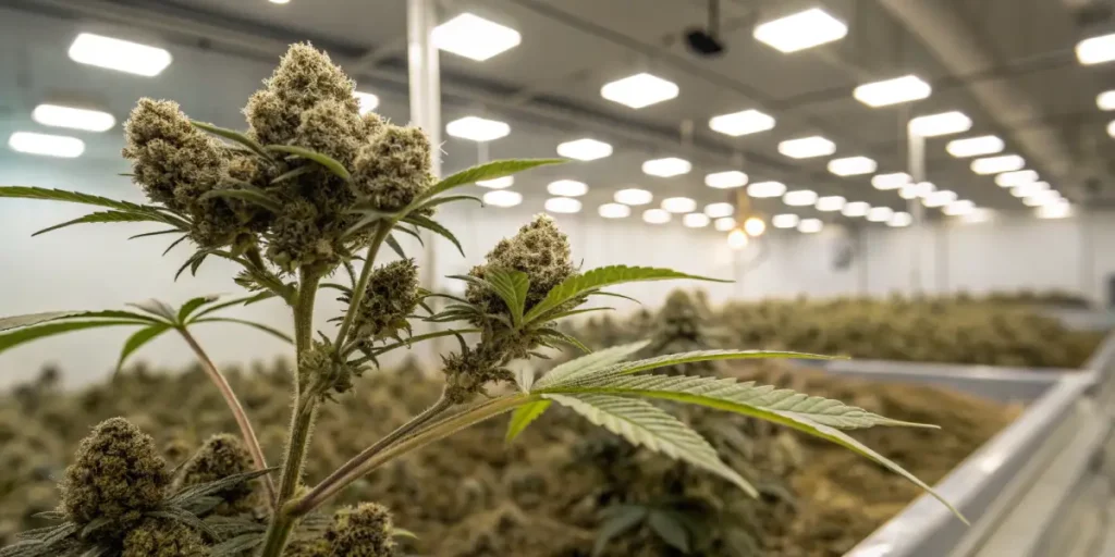 Cannabis indoor grow quality inspection showing mature cannabis plants in a controlled cultivation facility.