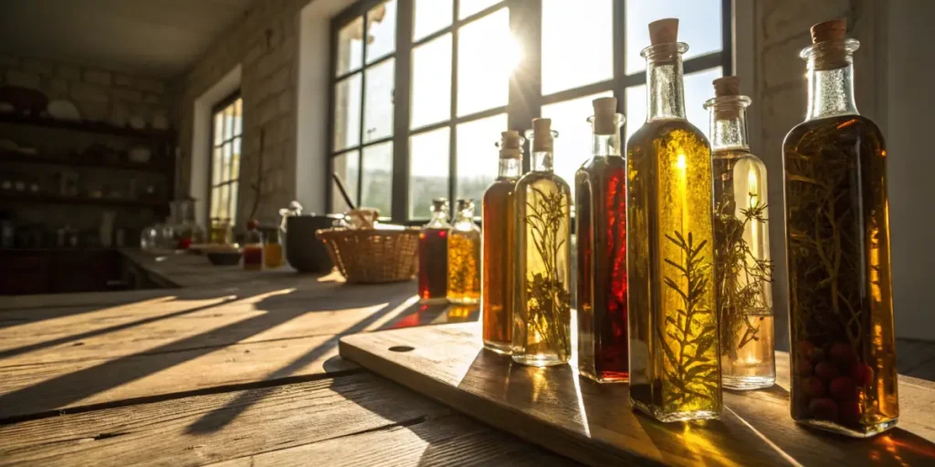 Cannabis infused oil glass bottles sunlight with multiple decorative containers filled with botanical extracts on a wooden table.