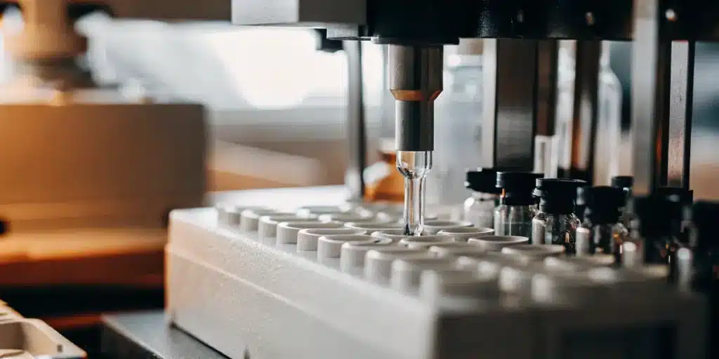 Automated machine filling small vials with cannabis extract in laboratory setting.