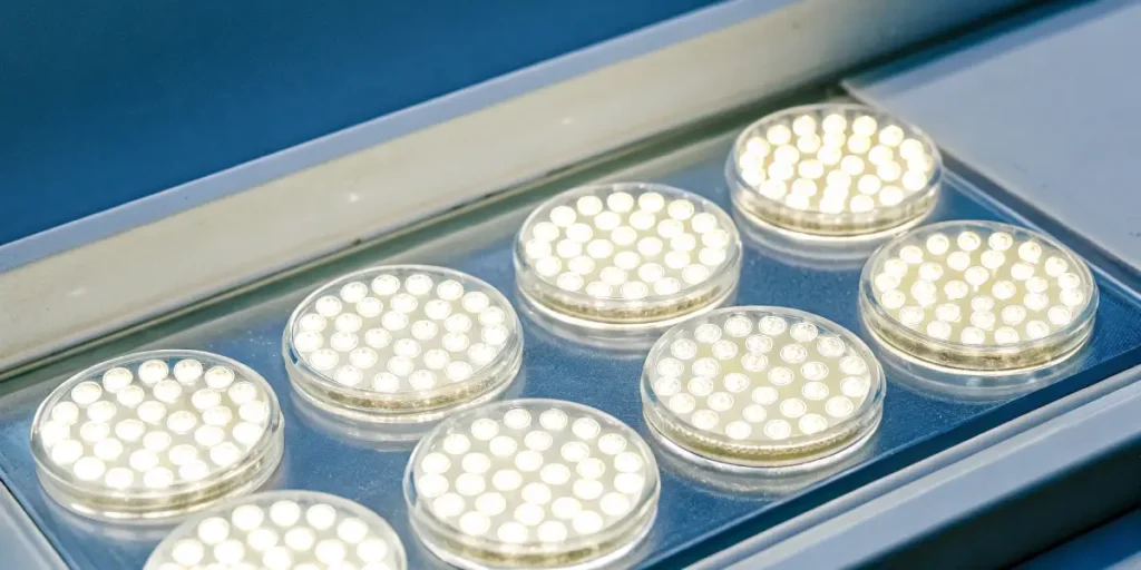 Close-up of LED grow lights used for indoor cannabis cultivation in laboratory.