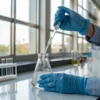 Lab technician using pipette to analyze liquid sample in cannabis laboratory.