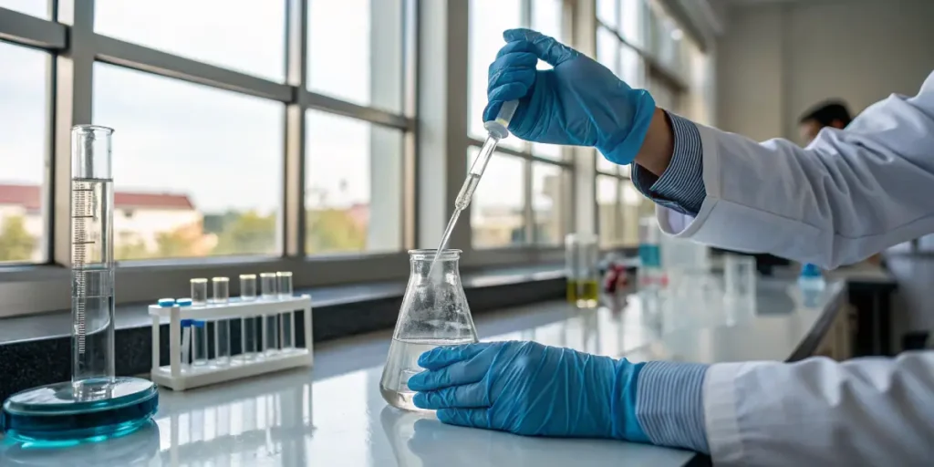 Lab technician using pipette to analyze liquid sample in cannabis laboratory.