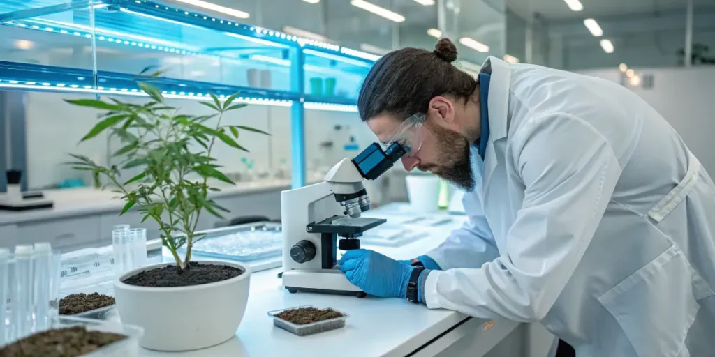 Cannabis lab microscope analysis showing a scientist examining a cannabis sample in a modern laboratory.