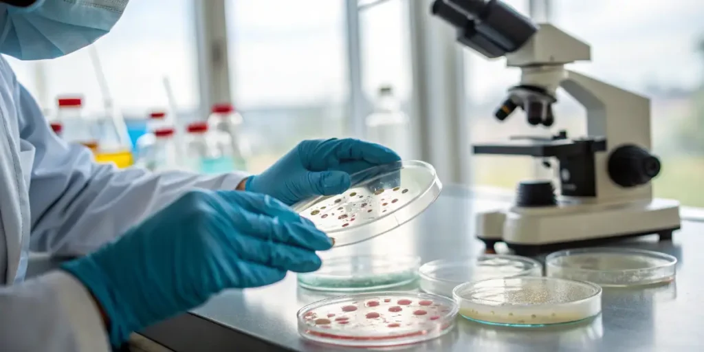 Cannabis lab sample analysis with technician holding petri dish cultures near microscope in a modern laboratory.
