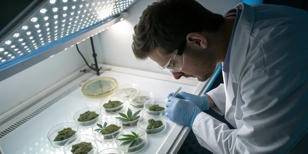 Cannabis lab testing samples analysis with a scientist examining plant material in petri dishes under controlled lighting.