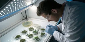 Cannabis lab testing samples analysis with a scientist examining plant material in petri dishes under controlled lighting.