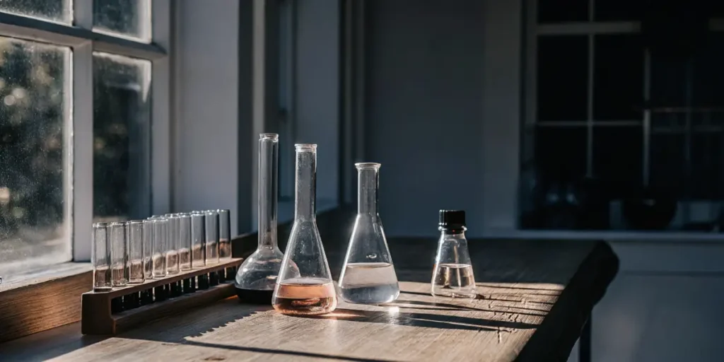 Laboratory glassware and test tubes arranged for cannabis analysis near window.