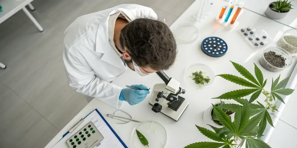 Cannabis laboratory microscope analysis scientist examining plant samples with lab equipment.