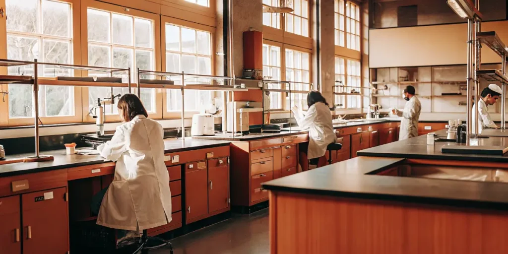 Scientists working in laboratory environment conducting cannabis research and analysis.