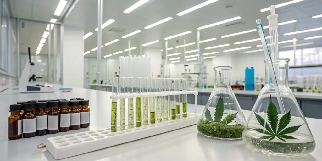 Cannabis laboratory setup with test tubes, extracts, and plant samples in glass flasks.