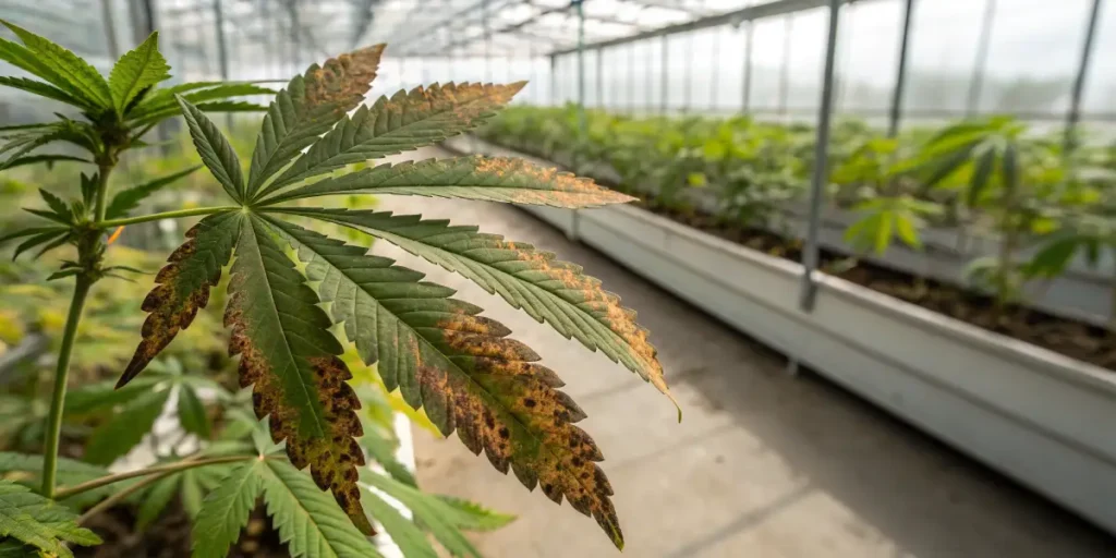Cannabis leaf brown spots disease showing a damaged leaf with necrotic edges in a greenhouse environment.
